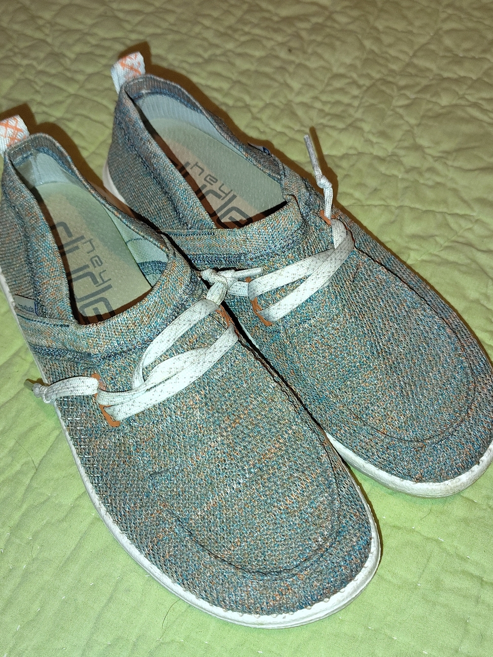 Hey Dude Women's Knit Slip-On Moccasins in Teal and Orange